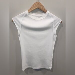 Free People White Ribbed Knit Cap Sleeve Crew Neck T-Shirt Size Small